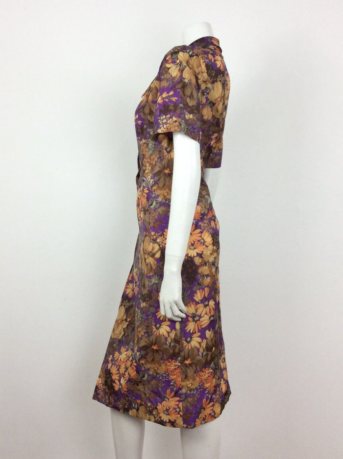 60S 70S VINTAGE BROWN PURPLE ORANGE FLORAL ABSTRACT SHIRT DRESS 14 16