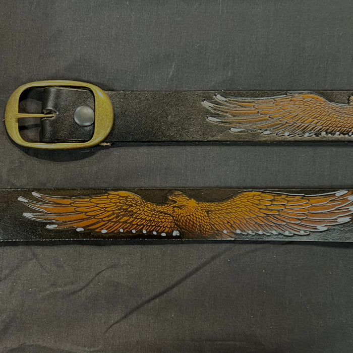 Belt Eagle Spread Wings: Complete your outfit with this rustic leather snap belt with tarnished brass buckle or stainless ste