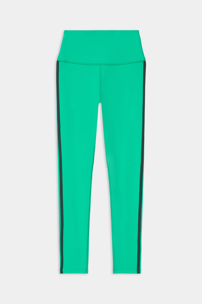 The SPLITS59 Amber Airweight High Waist 7/8 leggings in Spearmint/Military feature a bright green nylon-spandex blend, high waistband, and black vertical side stripes, shown against a plain white background.