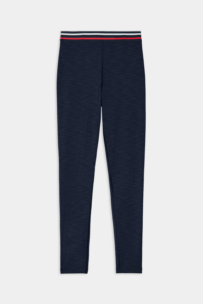 The SPLITS59 Bailey High Waist Active Rib 7/8 leggings in Heather Indigo feature a fitted design and a striped elastic waistband in white, black, and red—crafted from active rib fabric for gym workouts. Shown on a white background.