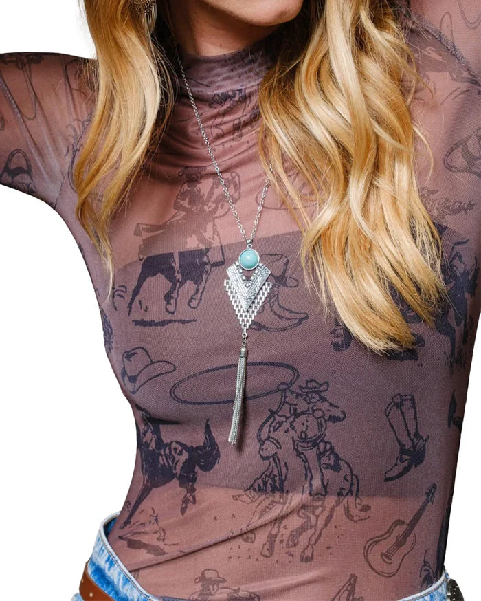 Blue B Cowgirl Print Mesh Top