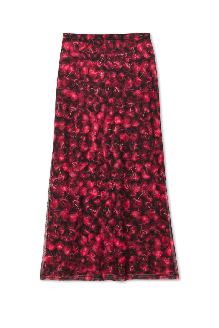 Red Cherry Mesh Dorris Skirt featuring an all-over cherry print, stretchy mesh fabric and an elasticated waist.