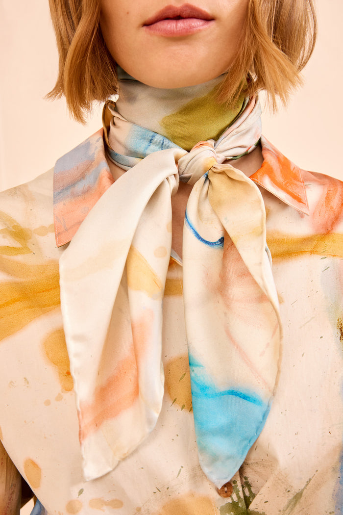 Ivory Blue Silk Designer Scarf Chiara Western Dream - Neck Knot Close-Up Detail | Ulla Johnson