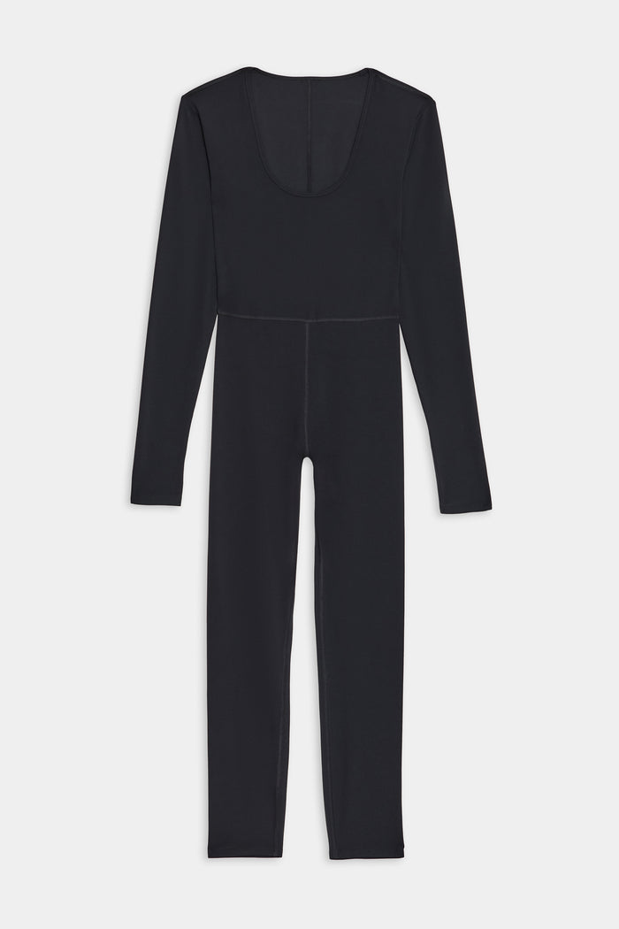 The SPLITS59 Chloe Airweight Jumpsuit in black features long sleeves, a full-length fit, and a scoop neckline. Made from lightweight Airweight fabric, it’s perfect for workouts and showcased on a plain white background.