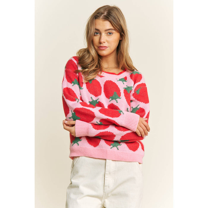 CUTE STRAWBERRY JACQUARD CASUAL PULLOVER SWEATER