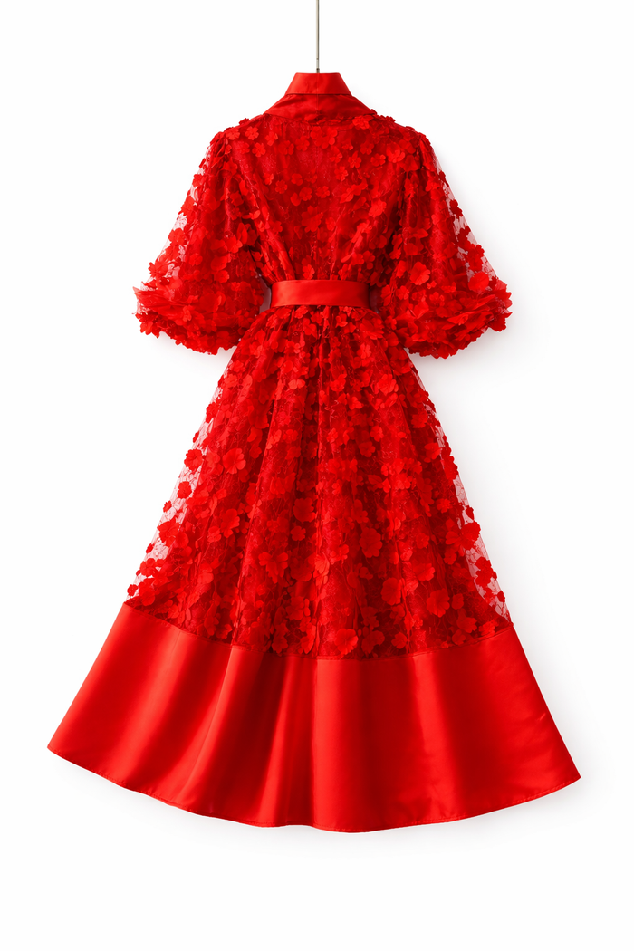 floral lace midi dress with satin hem and waist bow – BODY