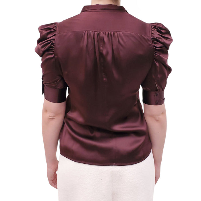 FRAME BURGUNDY SILK BUTTON UP BLOUSE WITH PUFF SLEEVES - SIZE XS
