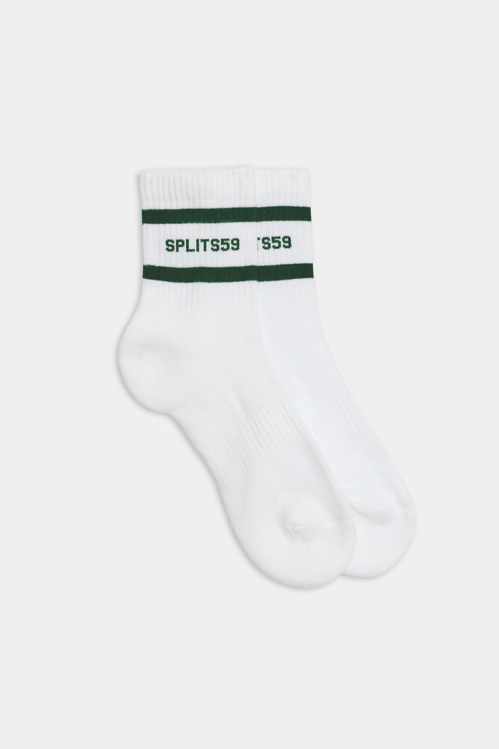 A pair of Logo Stripe Quarter Socks by SPLITS59, featuring a retro-inspired design in white with black stripes near the top and "SPLITS59" text in green.