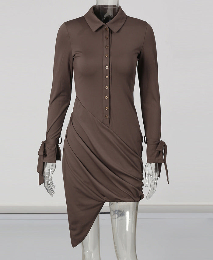 long sleeve collared ruched mini dress with button detail – MOCHA