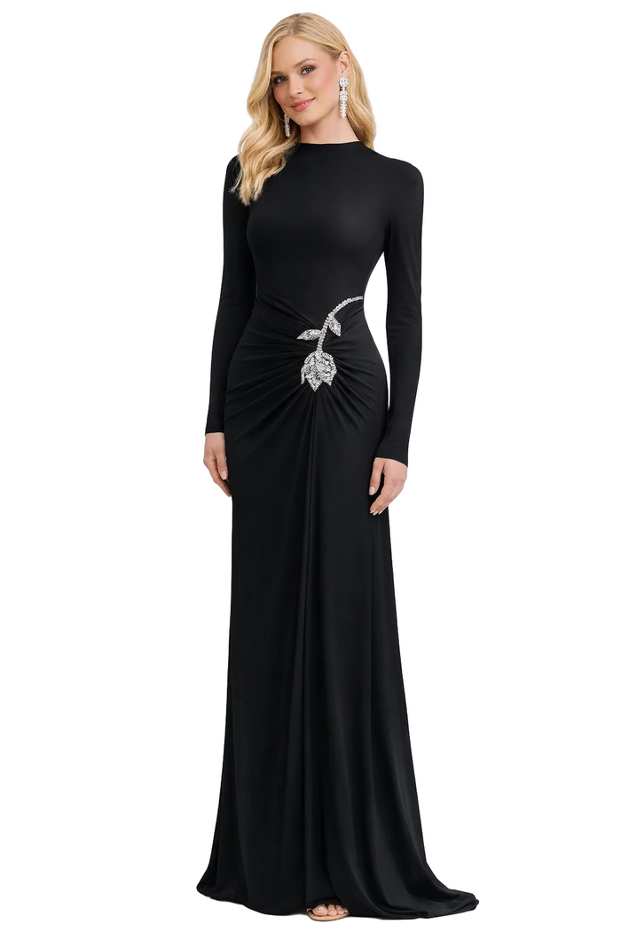 long sleeve ruched waist gown with crystal brooch – EMPRESS