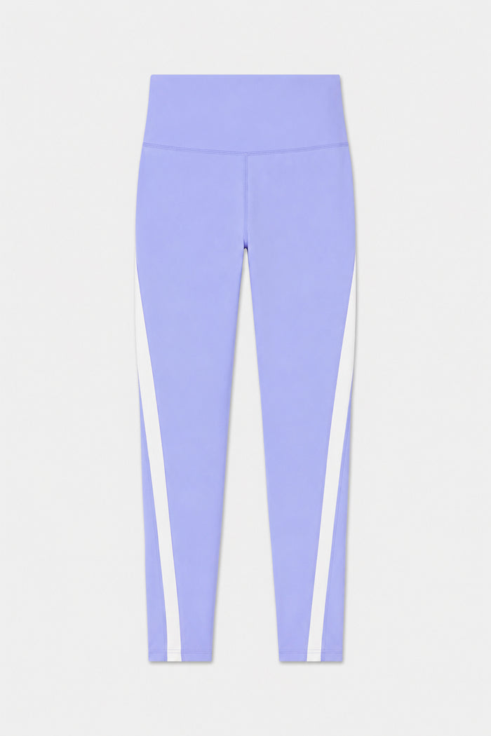 The SPLITS59 Miles High Waist Rigor 7/8 in Purple Haze/White features white diagonal side stripes, ideal for yoga or gym sessions, and is shown on a plain light background.