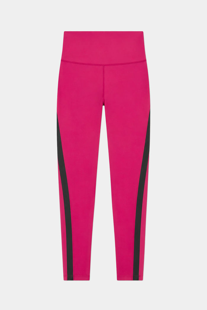 The SPLITS59 Miles High Waist Rigor 7/8 leggings in Sangria/Black feature a bright pink design with black vertical side stripes, crafted from a nylon-spandex blend, shown on a plain white background.