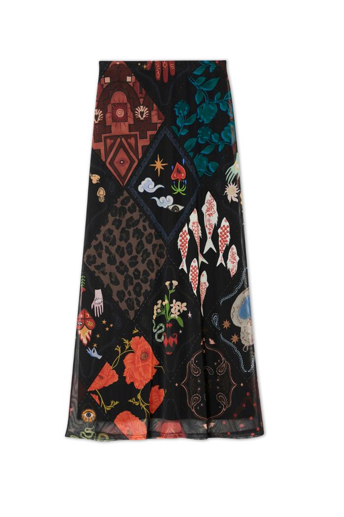 Night Garden Mesh Dorris Skirt featuring a black patchwork print with leopard, poppy and mystical motifs.