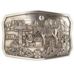 Nocona Rectangle Praying Cowboy Cactus Antique Silver