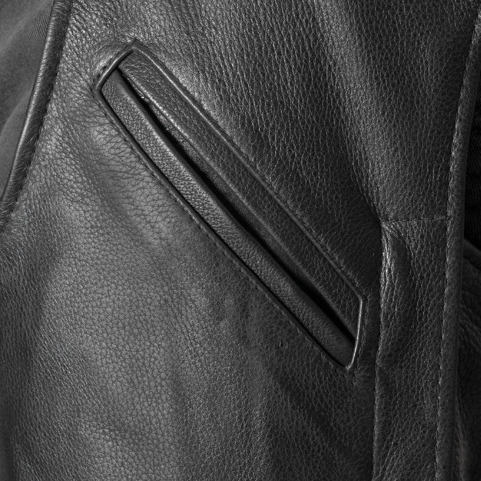 Nomad Drum Rolled Chaps black leather and zippered pocket detail