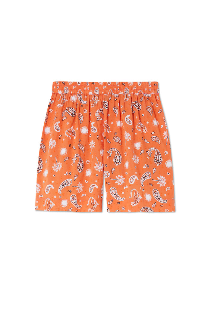 Orange leopard Elissa shorts with paisley and palm print in light cotton with an elasticated waist.