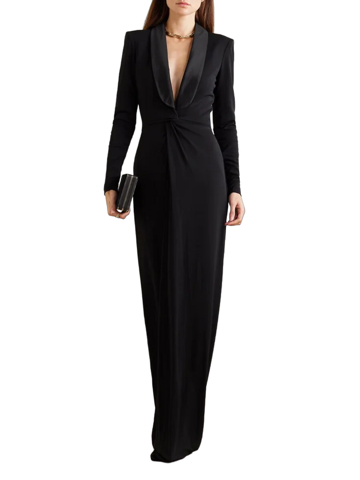 Plunging tuxedo gown with gathered waist – Zaydee-1
