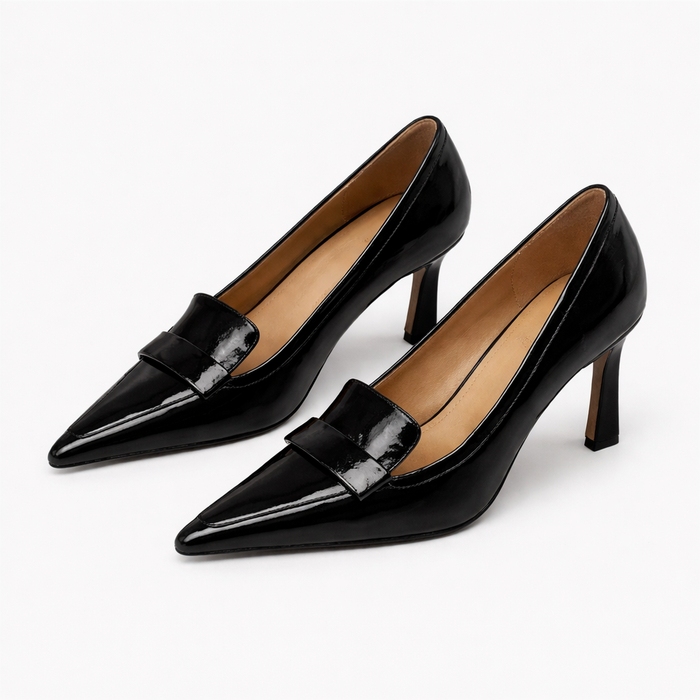 pointed-toe patent pumps with structured strap detail – BORDEAUX