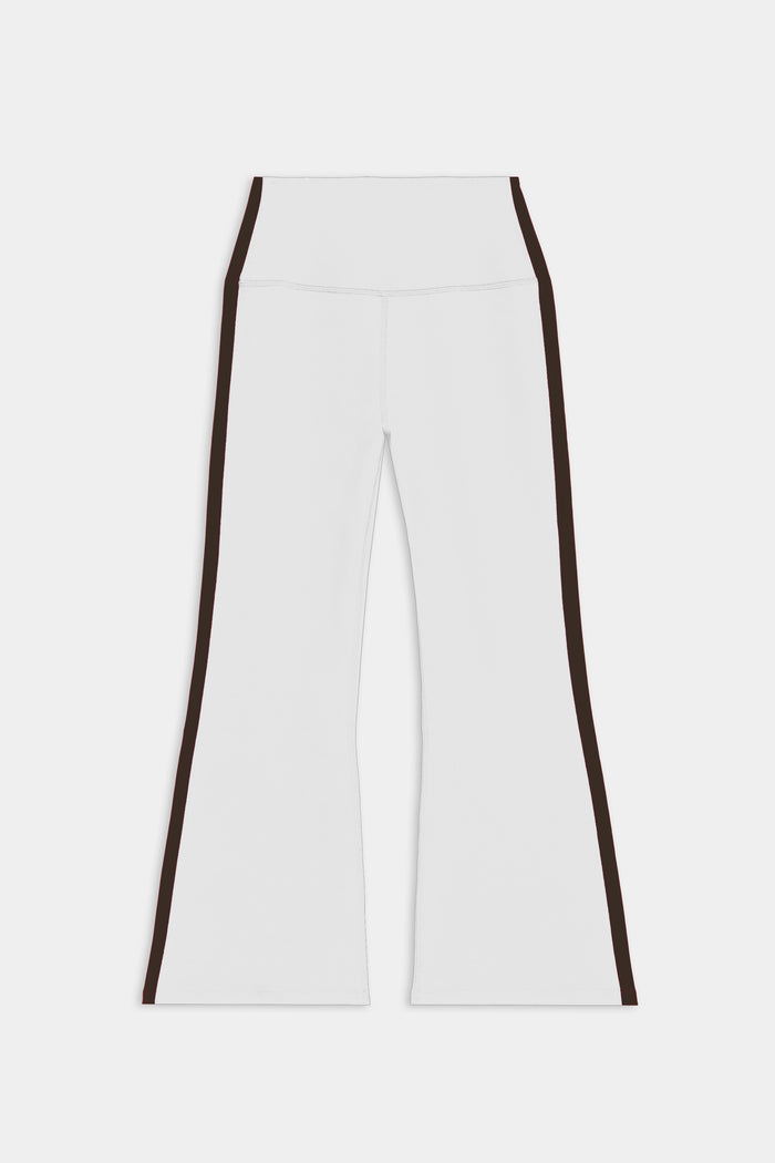 SPLITS59 Raquel High Waist Supplex Crop in White/Dark Chocolate: white, high-waisted, flared pants with dark chocolate side stripes, made from 4-way stretch supplex for yoga-like comfort. Displayed flat on a plain background.