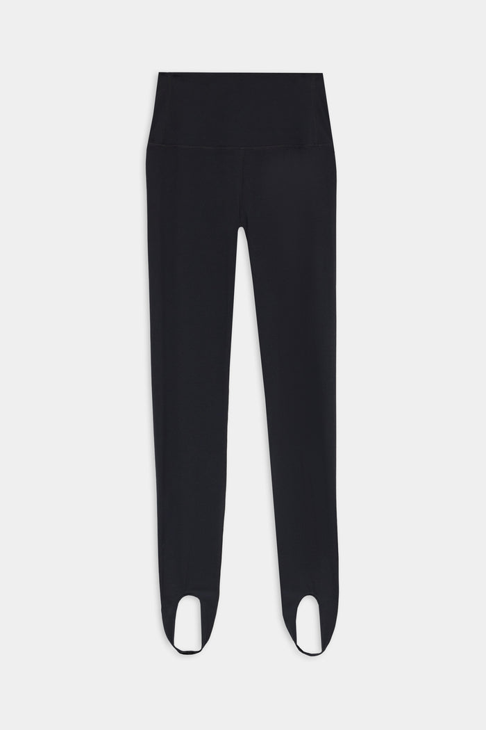 The SPLITS59 River High Waist Airweight Stirrup Leggings in black are crafted from soft Airweight fabric and shown laid flat on a white background.