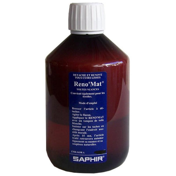 A product packaging box for Saphir RENOMAT, with a white background and an image of a leather surface treated with a product from the brand Saphir.