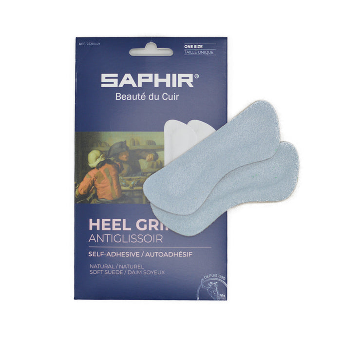 Saphir heel grips packaging with blue heel grips on a white background