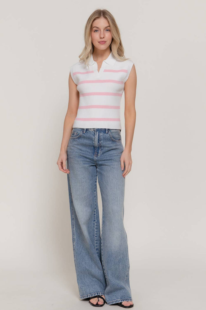 Sleeveless Stripe Polo Spring Sweater