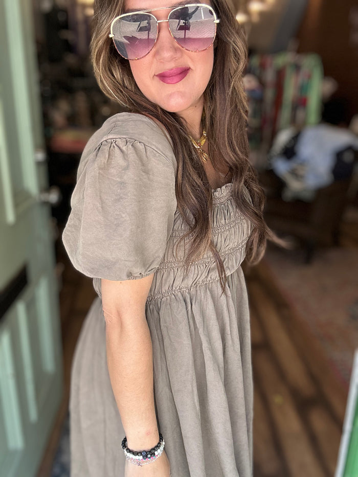 SMOCKED SHORT PUFF SLEEVE MINI DRESS