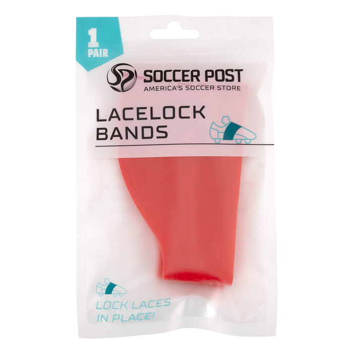 A 1-pair pack of red Soccer Post Lace Lock Bands in a clear and white plastic package. The bands are designed to be worn over soccer cleats to keep laces securely tied during play.