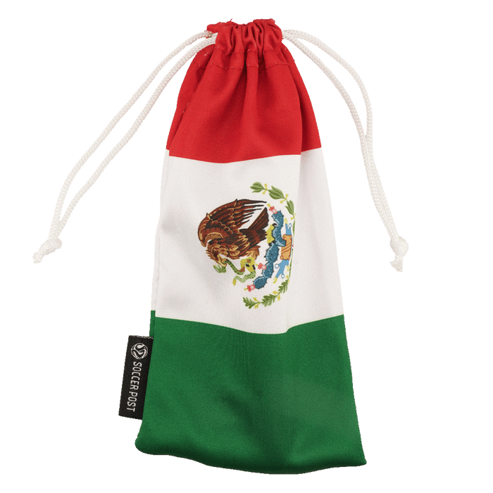 A fabric drawstring pouch featuring the horizontal stripes and coat of arms of the Mexican flag. A small black "Soccer Post" brand tag is attached to the left side.