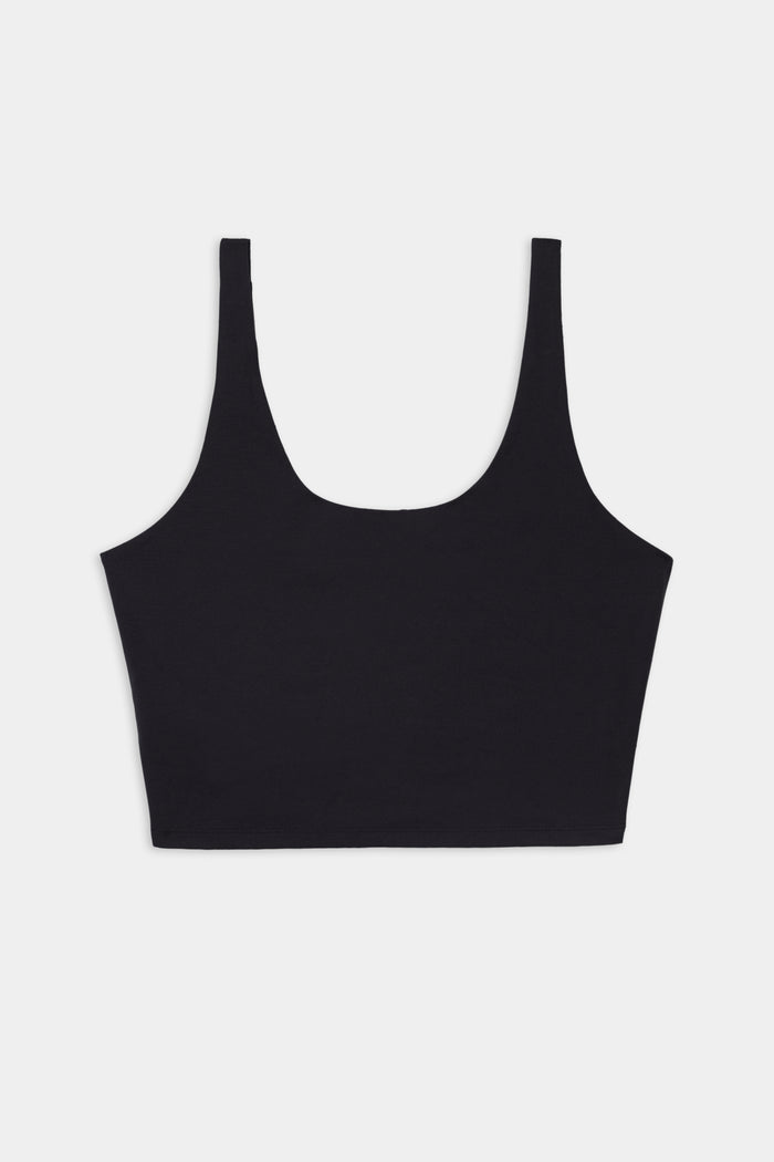 The SPLITS59 Sprint Rigor Bralette in black, crafted from ultra-light Rigor fabric for enhanced comfort, features wide shoulder straps and a scoop neckline. It is shown laid flat on a white background.