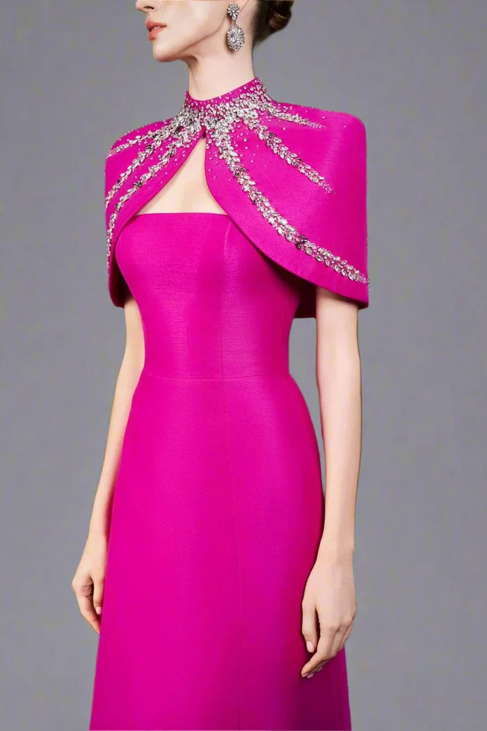 Strapless A-line dress with embellished shoulder cape - SERENA-1