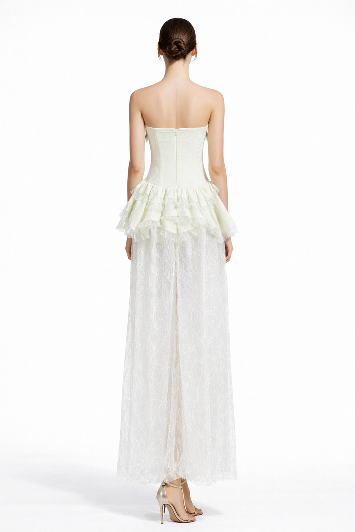 Strapless Lace Maxi Dress with Ruffled Peplum Detail – ELYSÉE