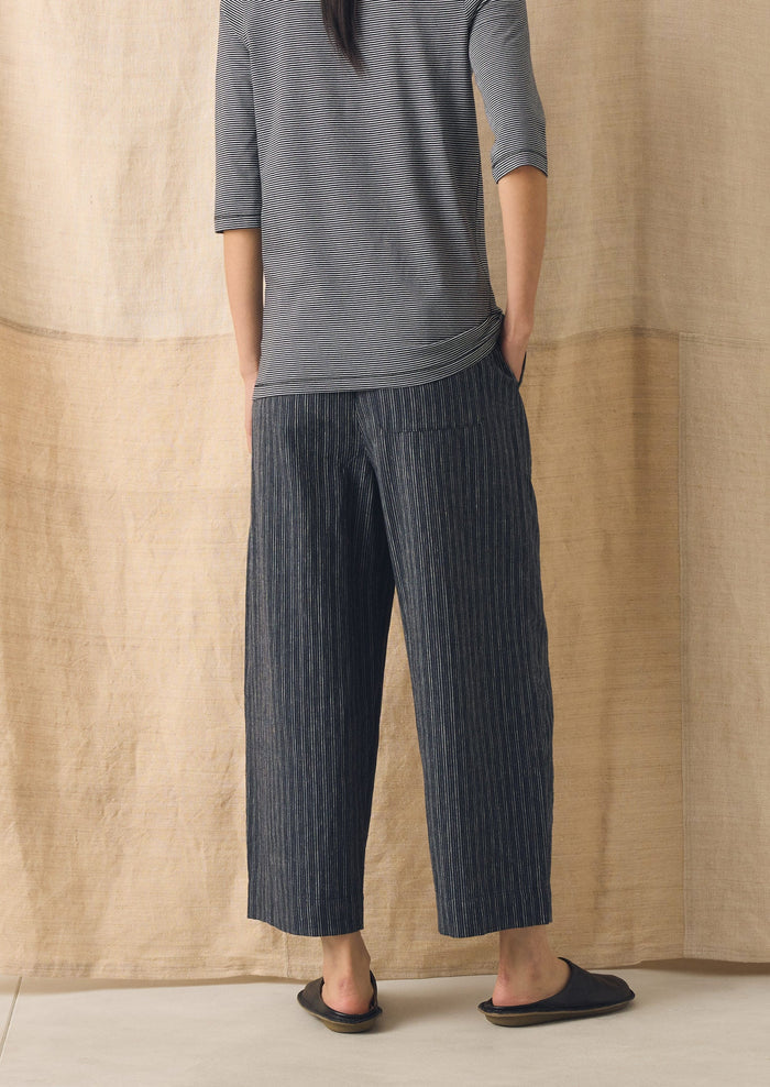 Stripe Linen Cotton Barrel Leg Trousers | Shadow Blue/Black