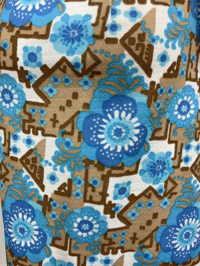 VINTAGE 60s 70s BLUE BEIGE WHITE FLORAL GEOMETRIC PSYCHEDELIC SHIRT DRESS 16 18