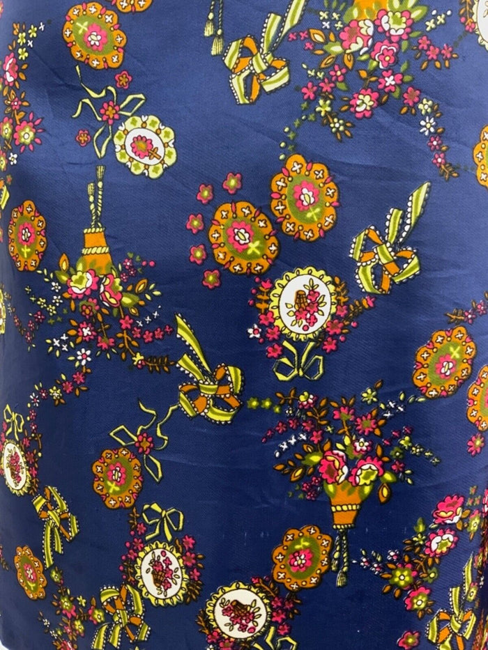 VINTAGE 60s 70s BLUE YELLOW BRONZE PINK FLORAL CAMEO BOW DAGGER SHIRT DRESS 12
