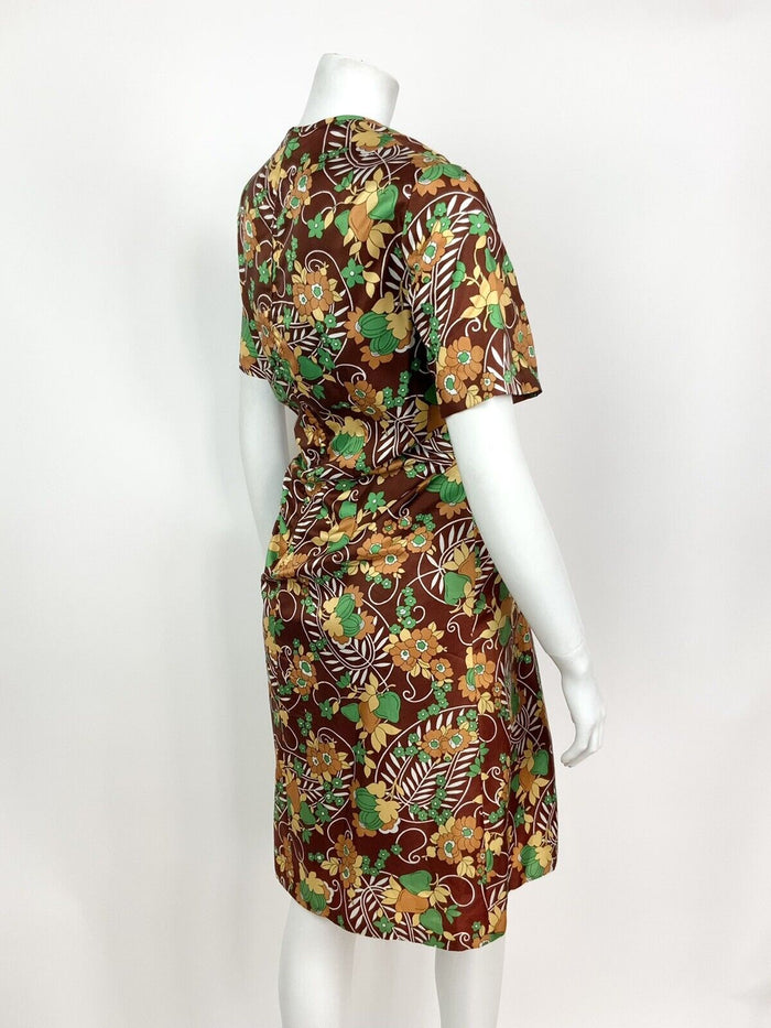 VINTAGE 60s 70s BROWN GREEN WHITE CREAM PAISLEY LEAF FLORAL SHIFT DRESS 12 14
