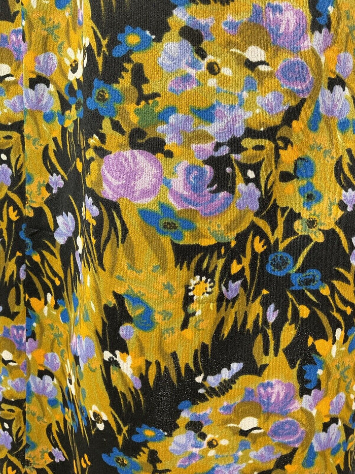 VINTAGE 60s 70s YELLOW BLUE GREEN BLACK PSYCHEDELIC FLORAL SHIRT DRESS 16 18