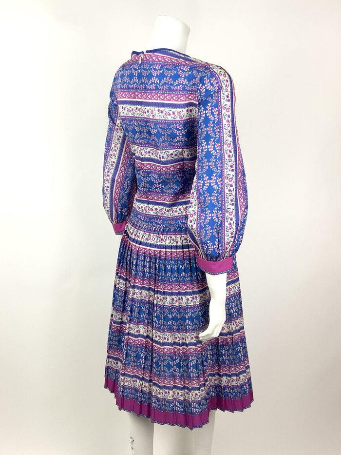 VTG 60s 70s BLUE PINK WHITE FLORAL STRIPED GYPSY BOHO FOLK PLEATED DRESS 14 16