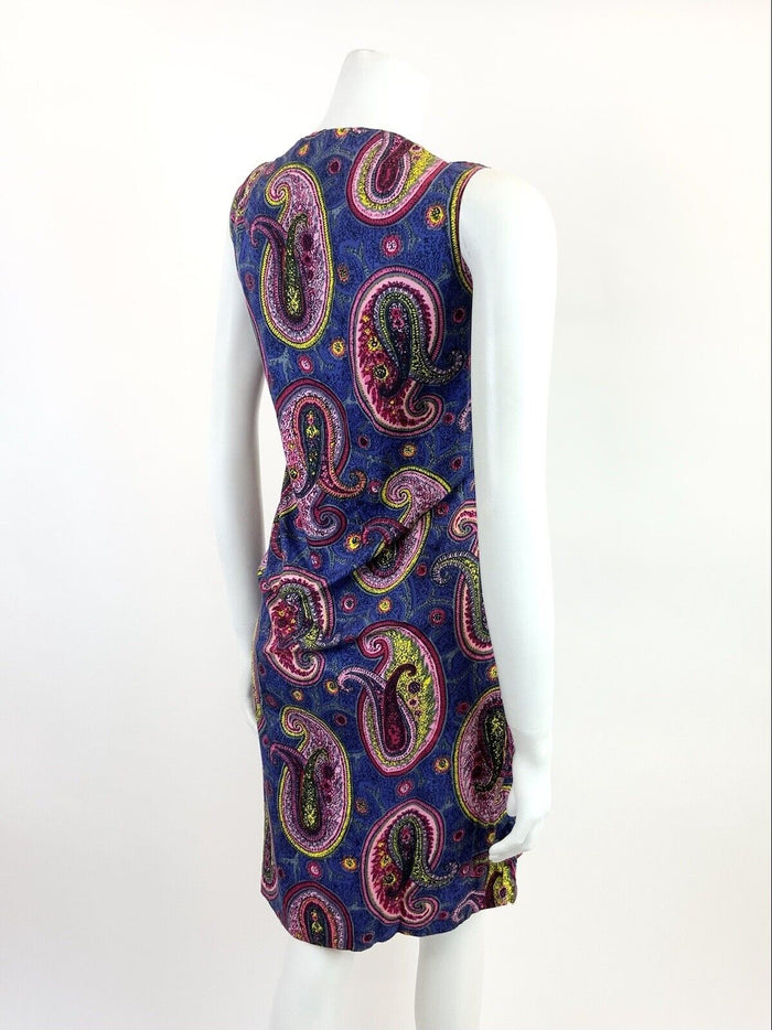 VTG 60s 70s BLUE PINK YELLOW PSYCHEDELIC PAISLEY MOD SHIFT A-LINE DRESS 10 12