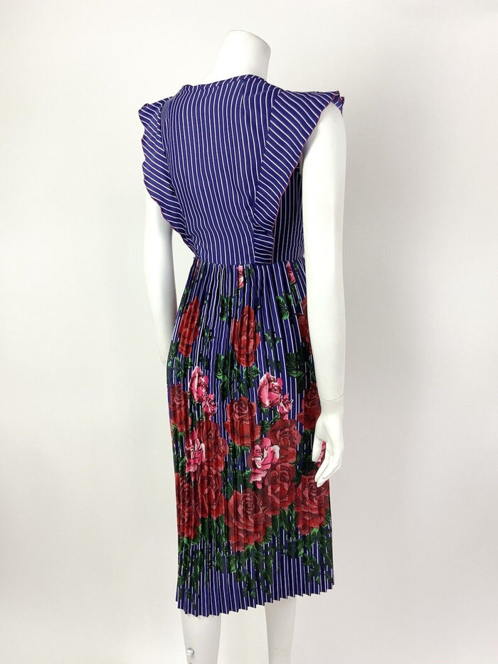 VTG 60s 70s BLUE WHITE RED PINK PIN STRIPE FLORAL ROSE PLEATED PRAIRIE DRESS 10