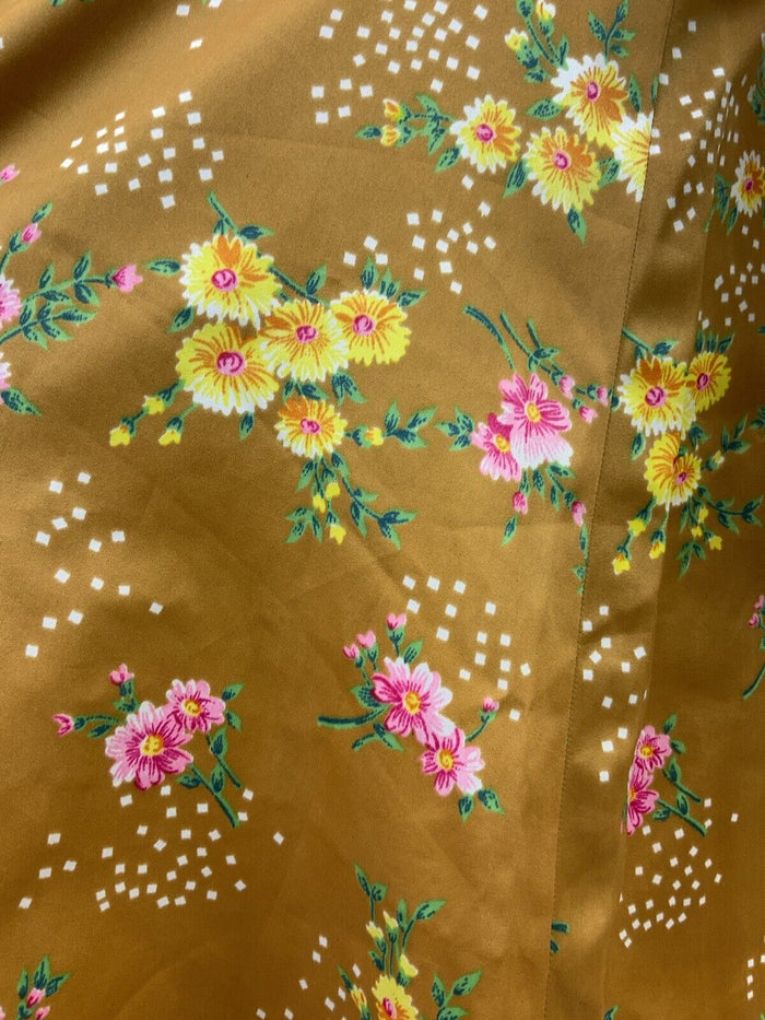 VTG 60s 70s GOLDEN BROWN TAN GREEN PINK FLORAL DOTTY PUFF SLEEVE TEA DRESS 10