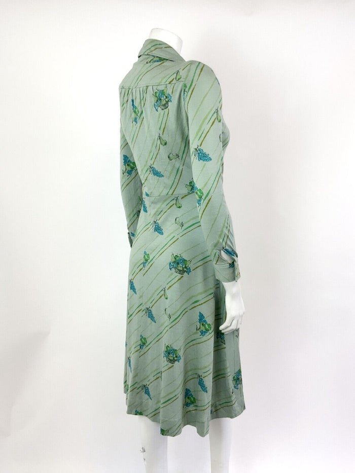VTG 60s 70s GREEN BLUE YELLOW STRIPED FRUIT GRAPES MOD DAGGER SHIRT DRESS 8 10
