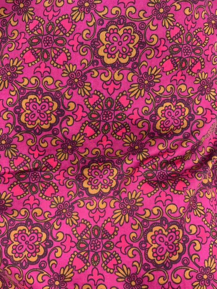 VTG 60s 70s PURPLE PINK BLACK GOLD ARABESQUE FLORAL WHITE LACE SHIFT DRESS 10