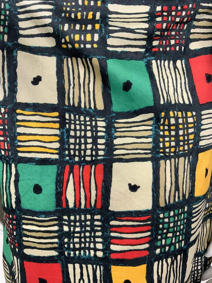 VTG 60s 70s WHITE RED GREEN GEOMETRIC CHECK ABSTRACT DAGGER COLLAR DRESS 8 10