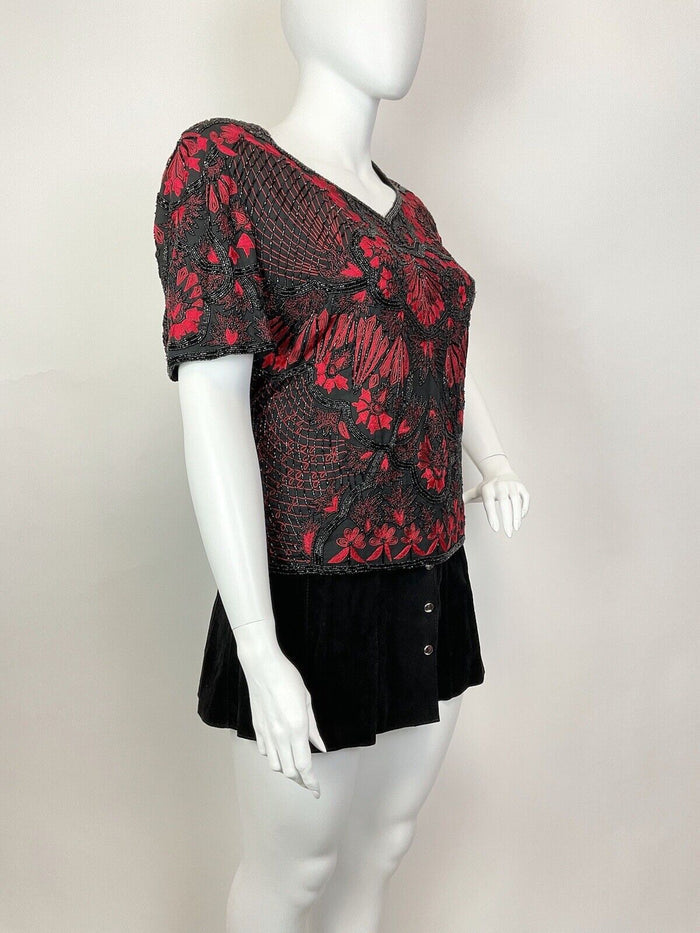 VTG 70s 80s BLACK RED FLORAL EMBROIDERED BEADED SEQUIN PARTY BLOUSE TOP 24 26