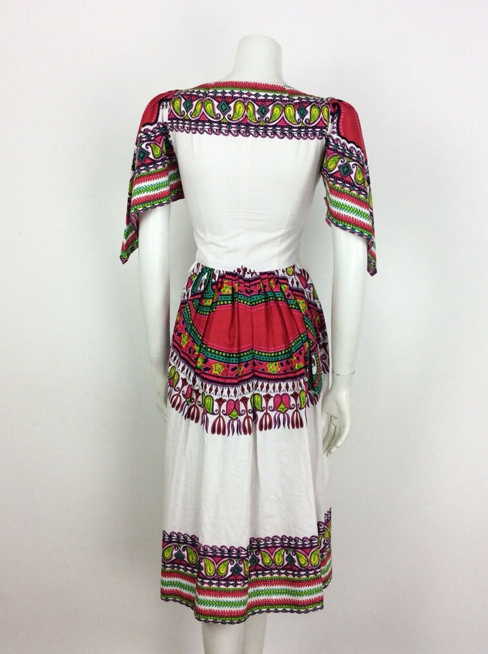 VTG 70S WHITE PINK GREEN COTTON KAFTAN DASHIKI FESTIVAL CAPE SLEEVE DRESS 6