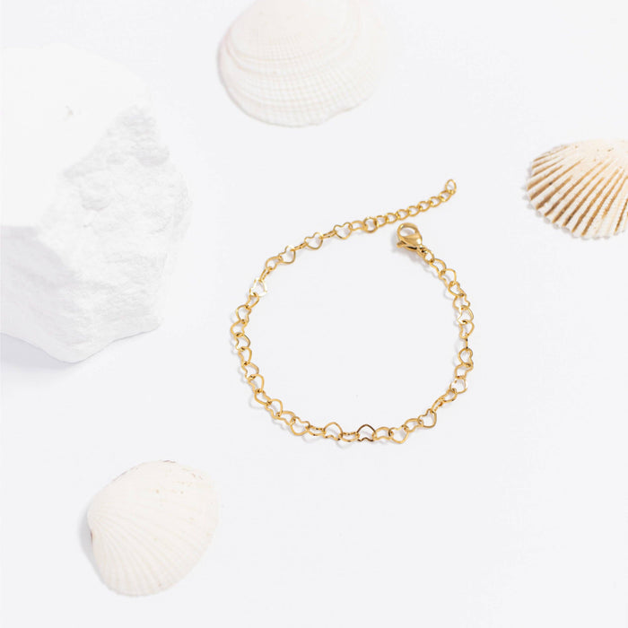 18K Gold PVD Stainless Steel Linked Heart Chain Bracelet