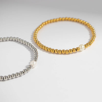 18K Gold PVD Stainless Steel Stretch Bracelet with Pearl