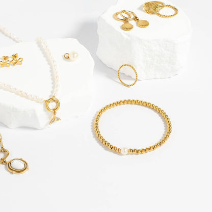18K Gold PVD Stainless Steel Stretch Bracelet with Pearl